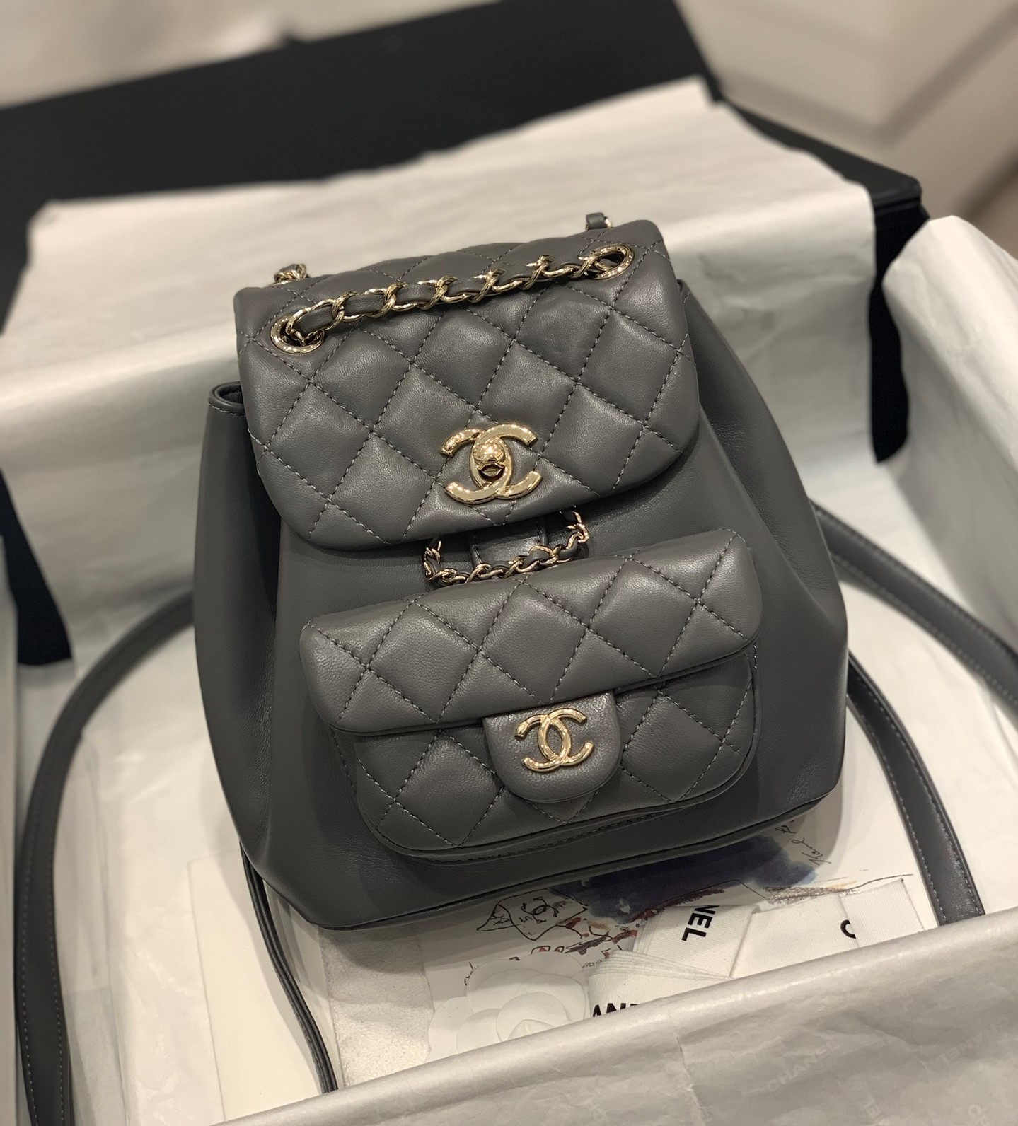 Bagsaaa Ch**el Duma Backpack Grey Lambskin - 18x18x12cm