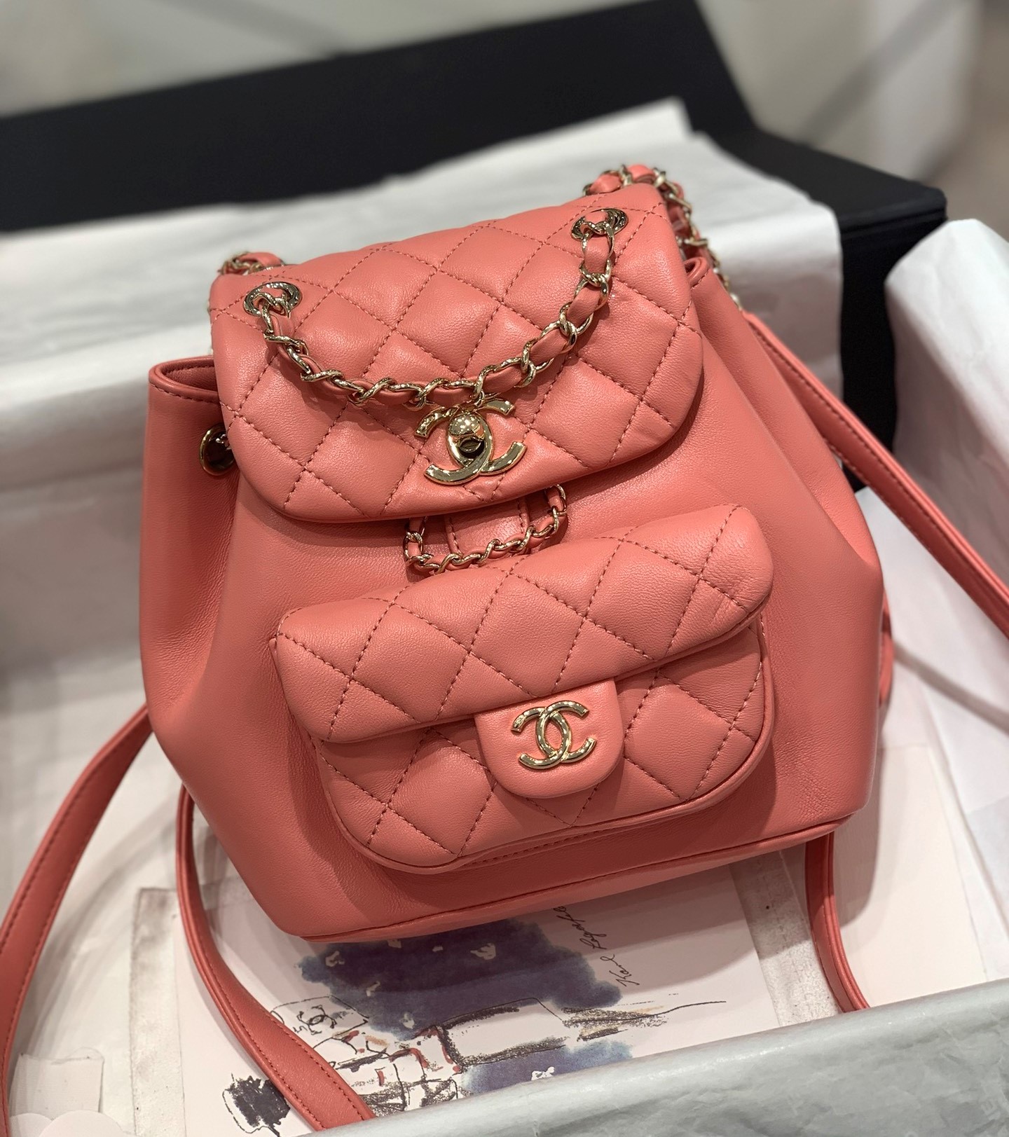 Bagsaaa Ch**el Duma Backpack Pink Lambskin - 18x18x12cm