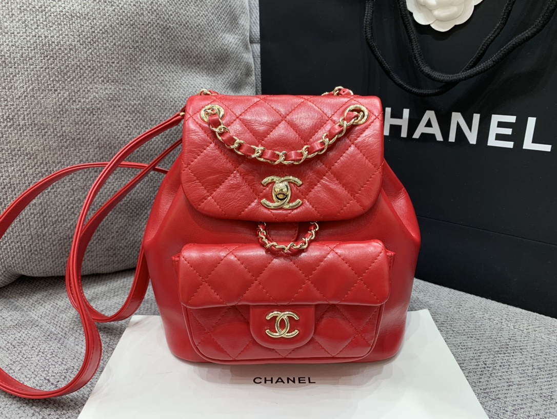 Bagsaaa Ch**el Duma Backpack Red Lambskin - 18x18x12cm
