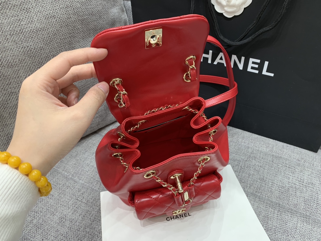 Bagsaaa Ch**el Duma Backpack Red Lambskin - 18x18x12cm
