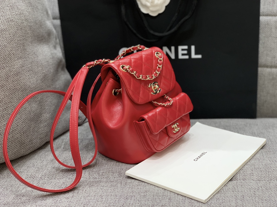 Bagsaaa Ch**el Duma Backpack Red Lambskin - 18x18x12cm