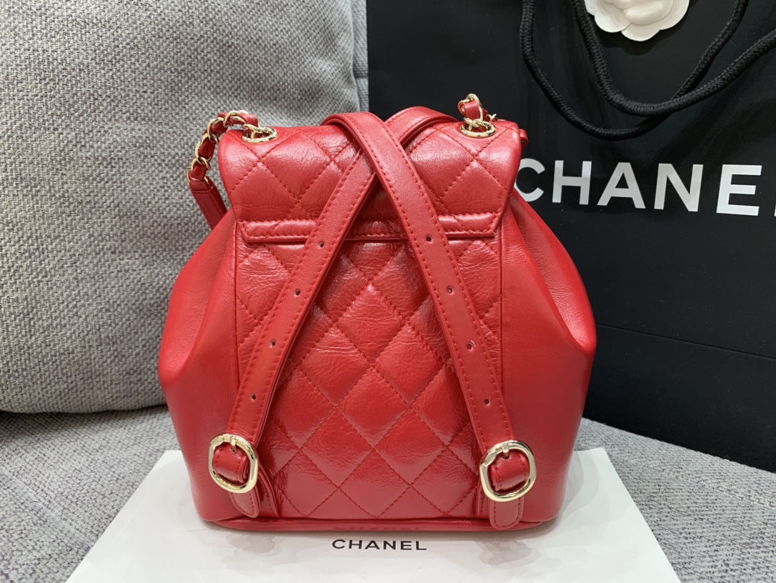 Bagsaaa Ch**el Duma Backpack Red Lambskin - 18x18x12cm