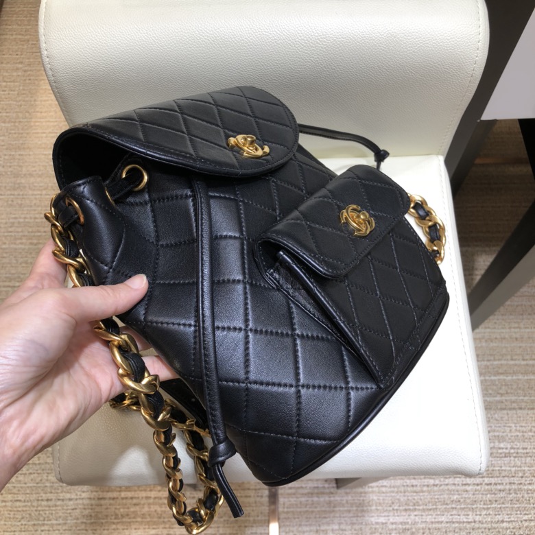 Bagsaaa Ch**el Duma Backpack QUILTED LAMBSKIN Black - 25x21x10cm