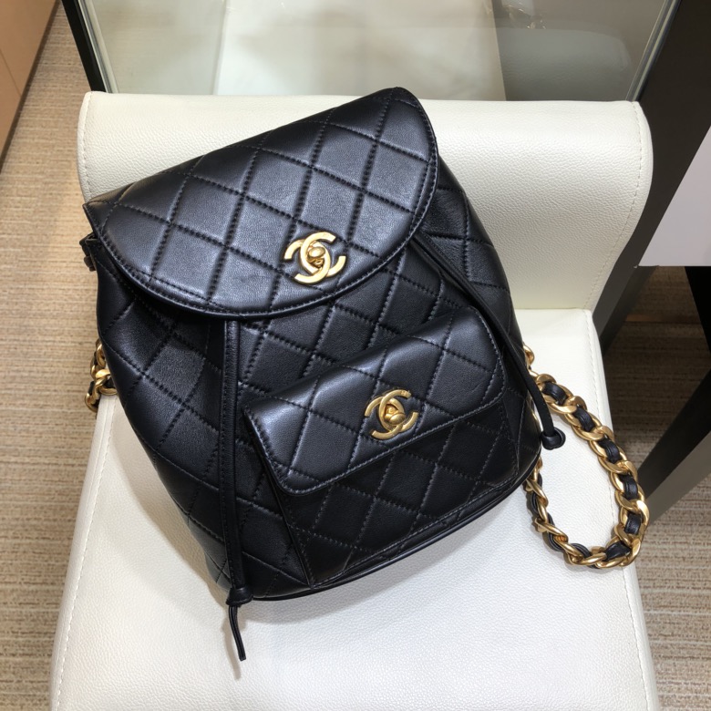 Bagsaaa Ch**el Duma Backpack QUILTED LAMBSKIN Black - 25x21x10cm