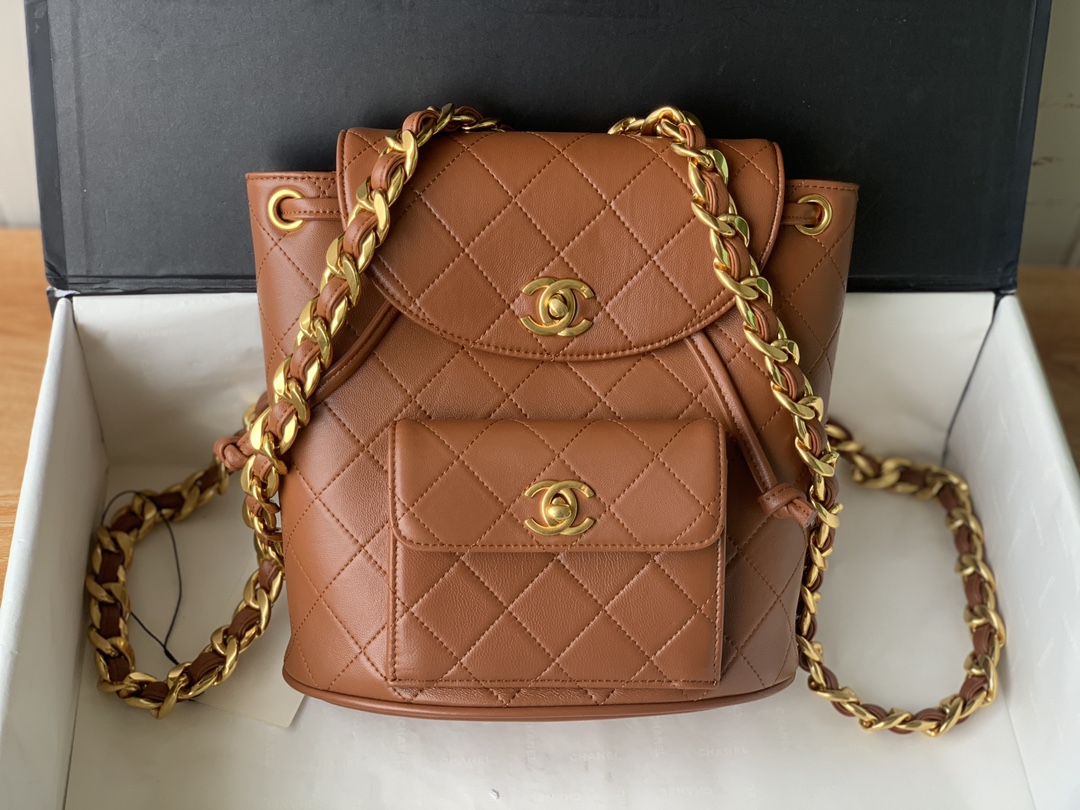 Bagsaaa Ch**el Duma Backpack QUILTED LAMBSKIN Brown - 25x21x10cm