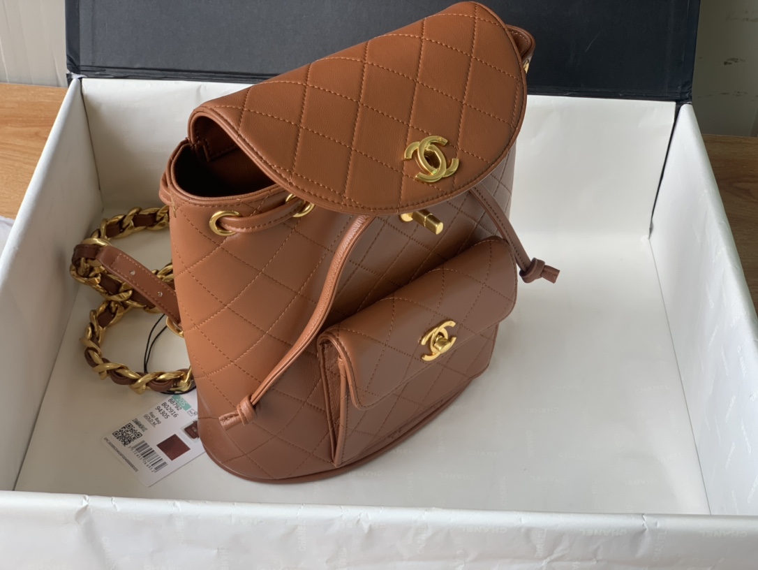 Bagsaaa Ch**el Duma Backpack QUILTED LAMBSKIN Brown - 25x21x10cm