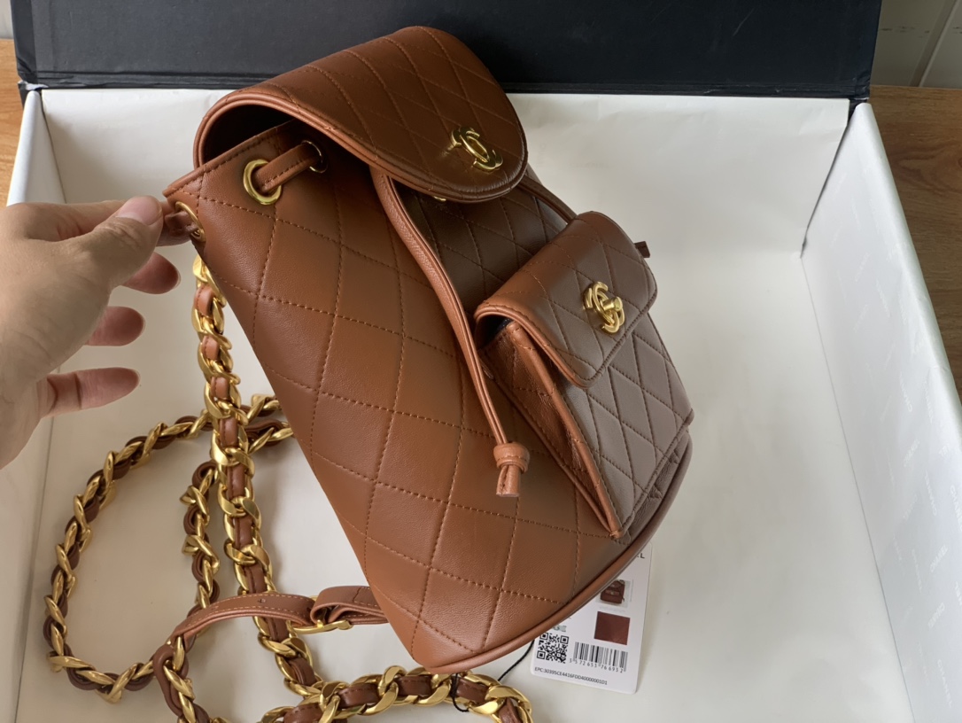 Bagsaaa Ch**el Duma Backpack QUILTED LAMBSKIN Brown - 25x21x10cm
