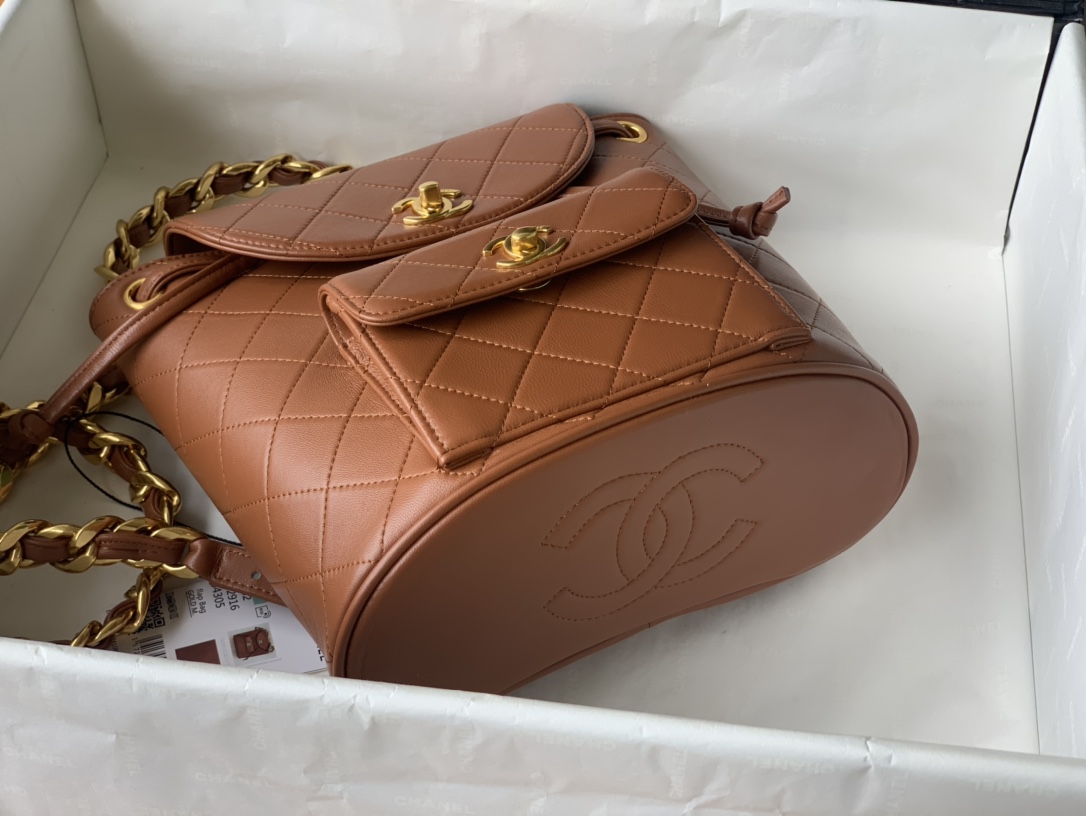 Bagsaaa Ch**el Duma Backpack QUILTED LAMBSKIN Brown - 25x21x10cm
