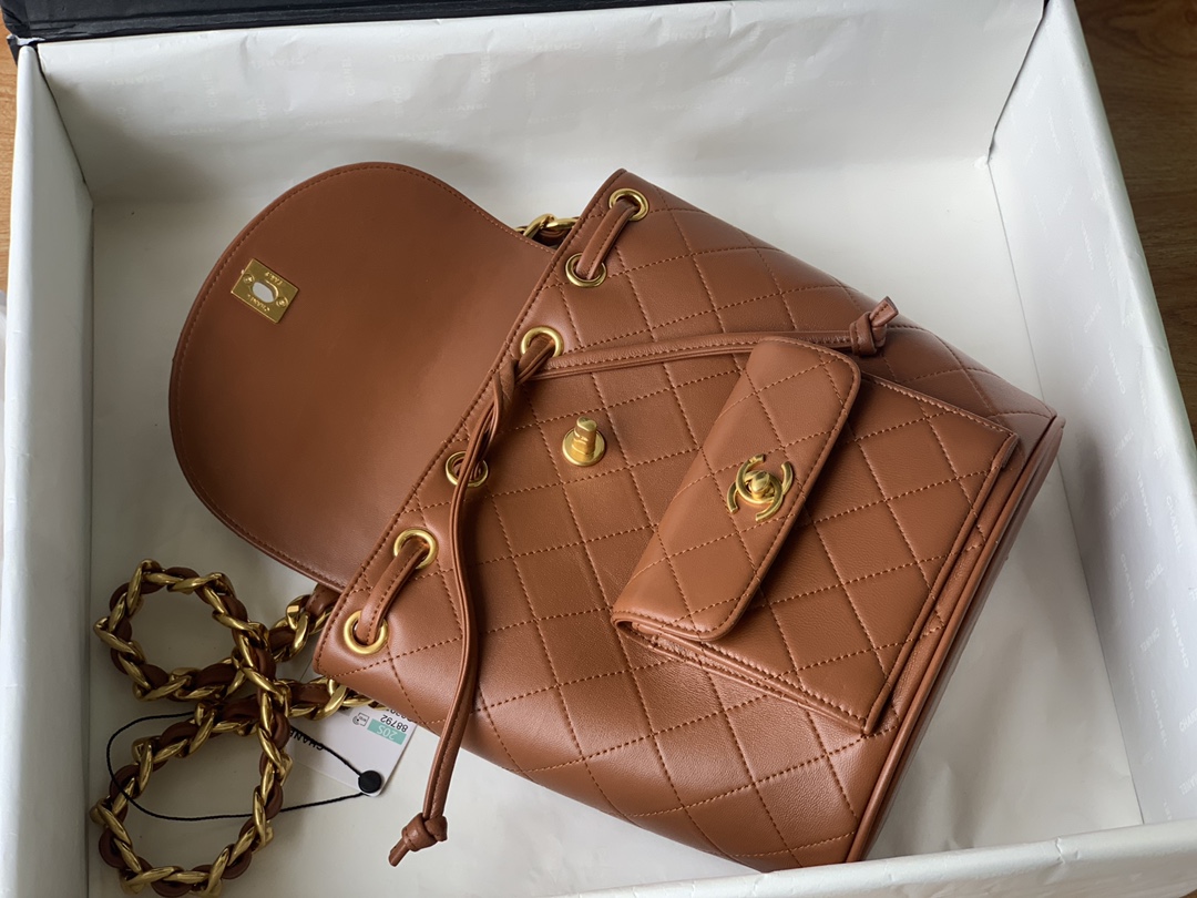 Bagsaaa Ch**el Duma Backpack QUILTED LAMBSKIN Brown - 25x21x10cm