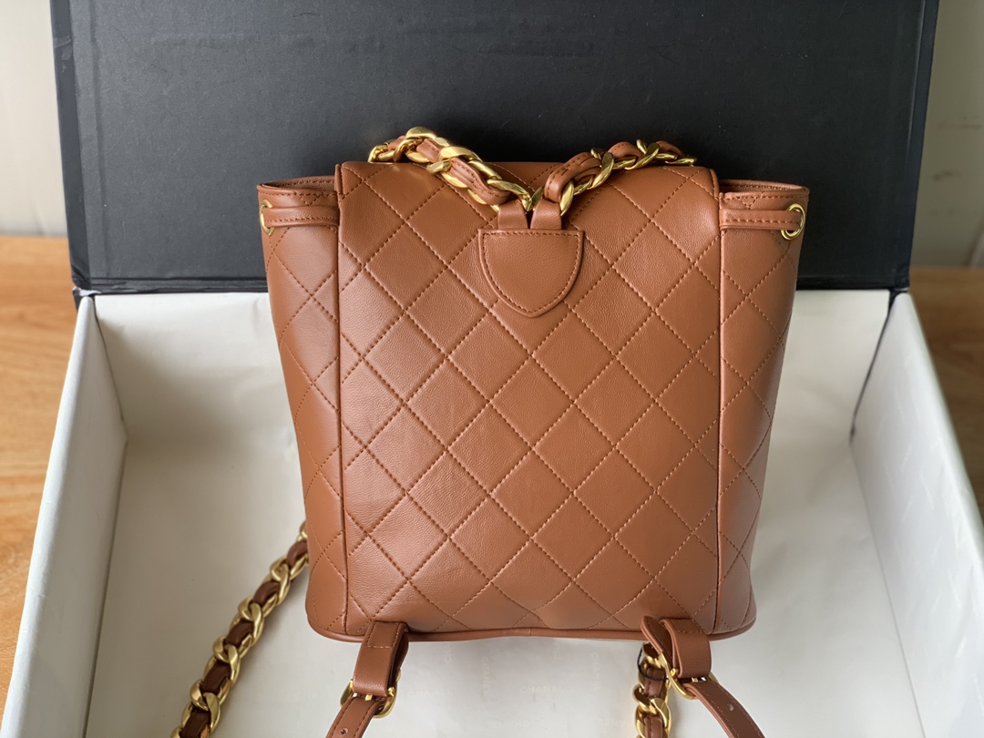 Bagsaaa Ch**el Duma Backpack QUILTED LAMBSKIN Brown - 25x21x10cm