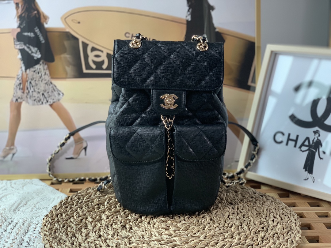 Bagsaaa Ch**el 22S Backpack in Black Caviar - 16 x 26 x 15 cm