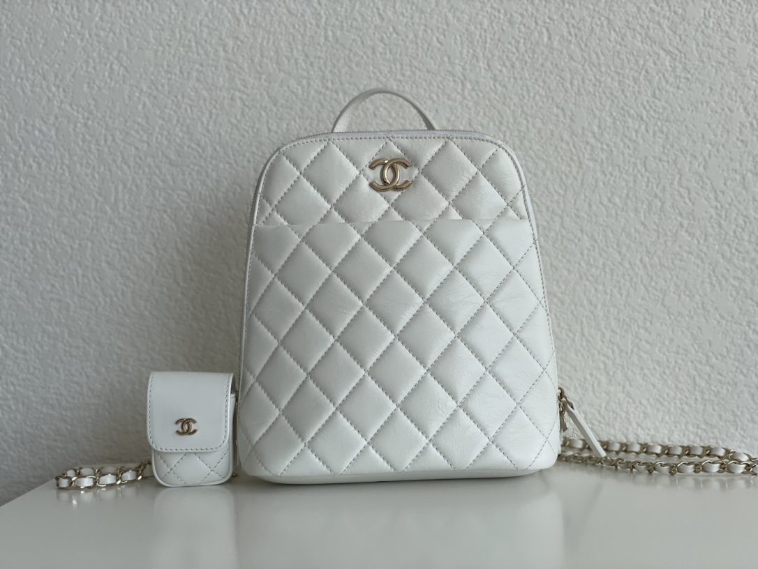 Bagsaaa Ch**el Rucksack Backpack AS3332 Calfskin leather White - 24x21x8cm