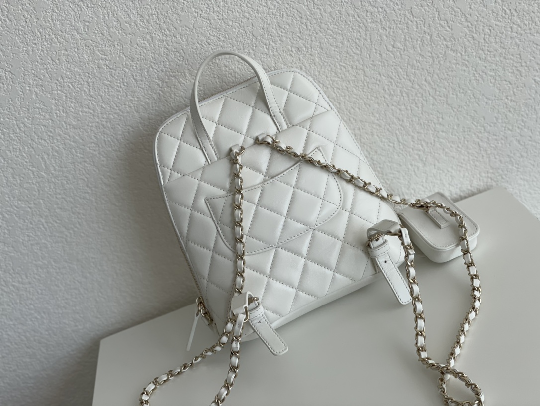 Bagsaaa Ch**el Rucksack Backpack AS3332 Calfskin leather White - 24x21x8cm