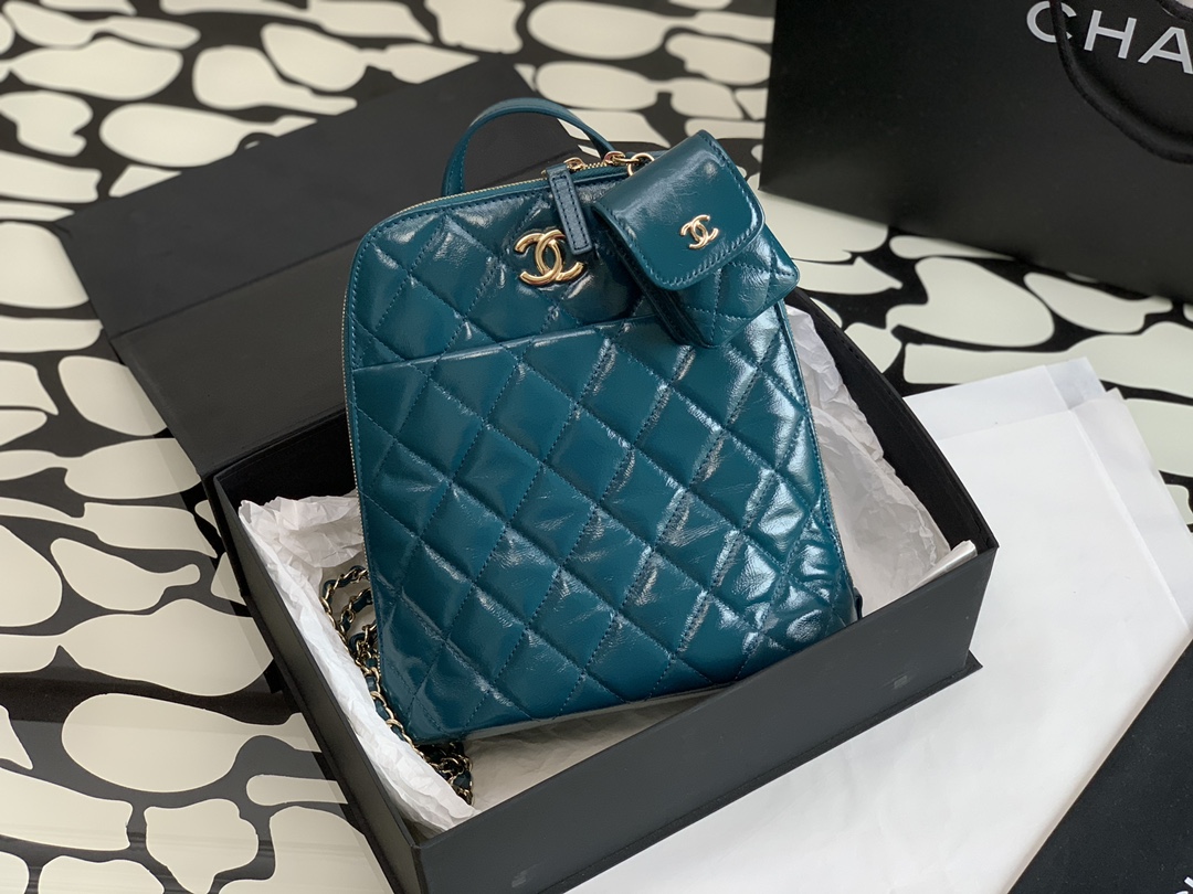 Bagsaaa Ch**el Rucksack Backpack AS3332 Calfskin leather Blue - 24x21x8cm