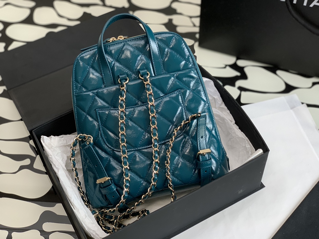 Bagsaaa Ch**el Rucksack Backpack AS3332 Calfskin leather Blue - 24x21x8cm
