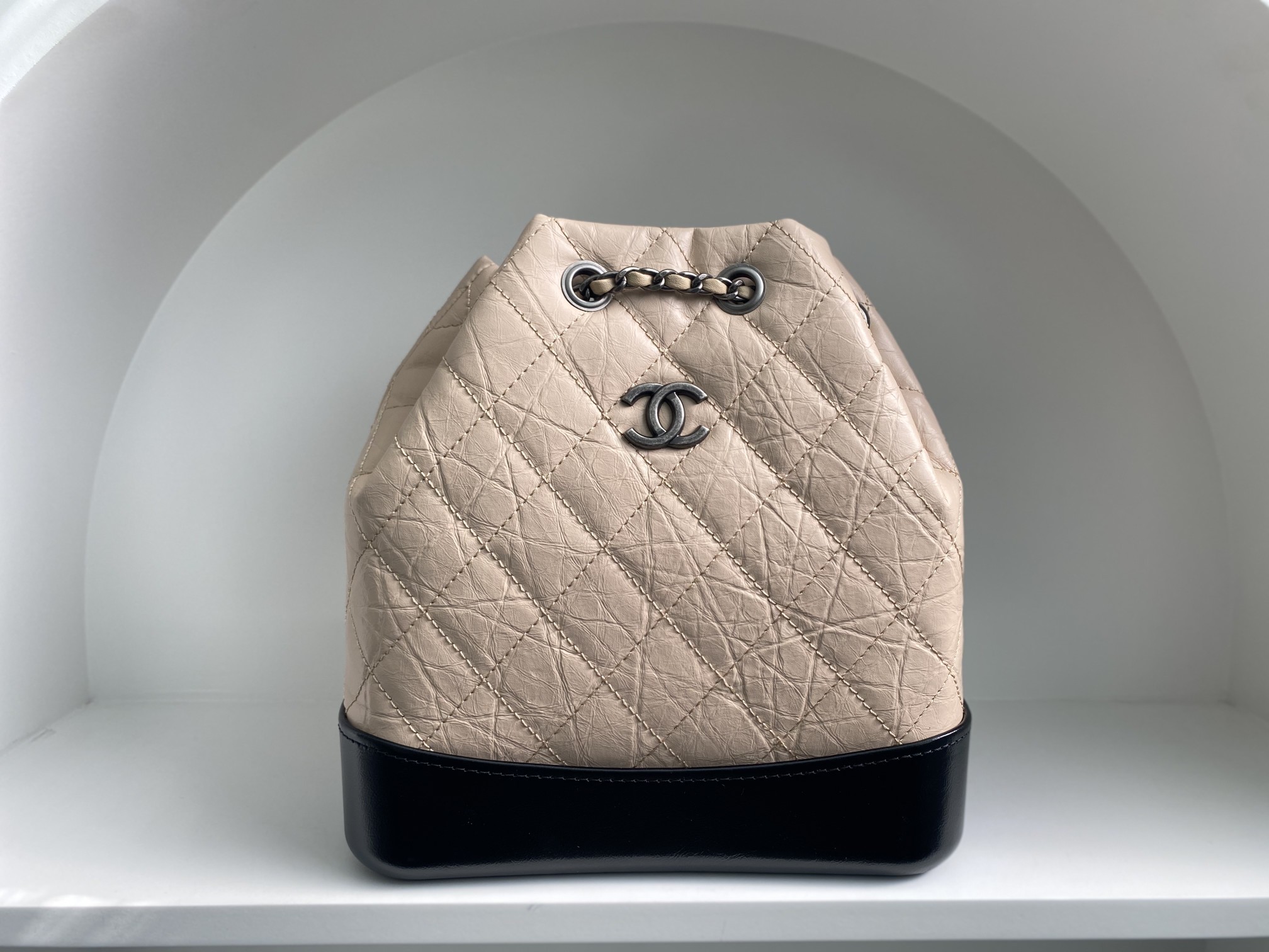 Bagsaaa Ch**el BEIGE QUILTED AGED CALFSKIN SMALL GABRIELLE BACKPACK - 26x25x11cm