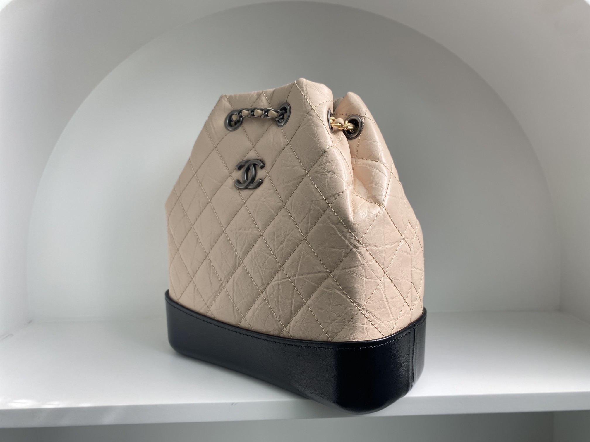 Bagsaaa Ch**el BEIGE QUILTED AGED CALFSKIN SMALL GABRIELLE BACKPACK - 26x25x11cm