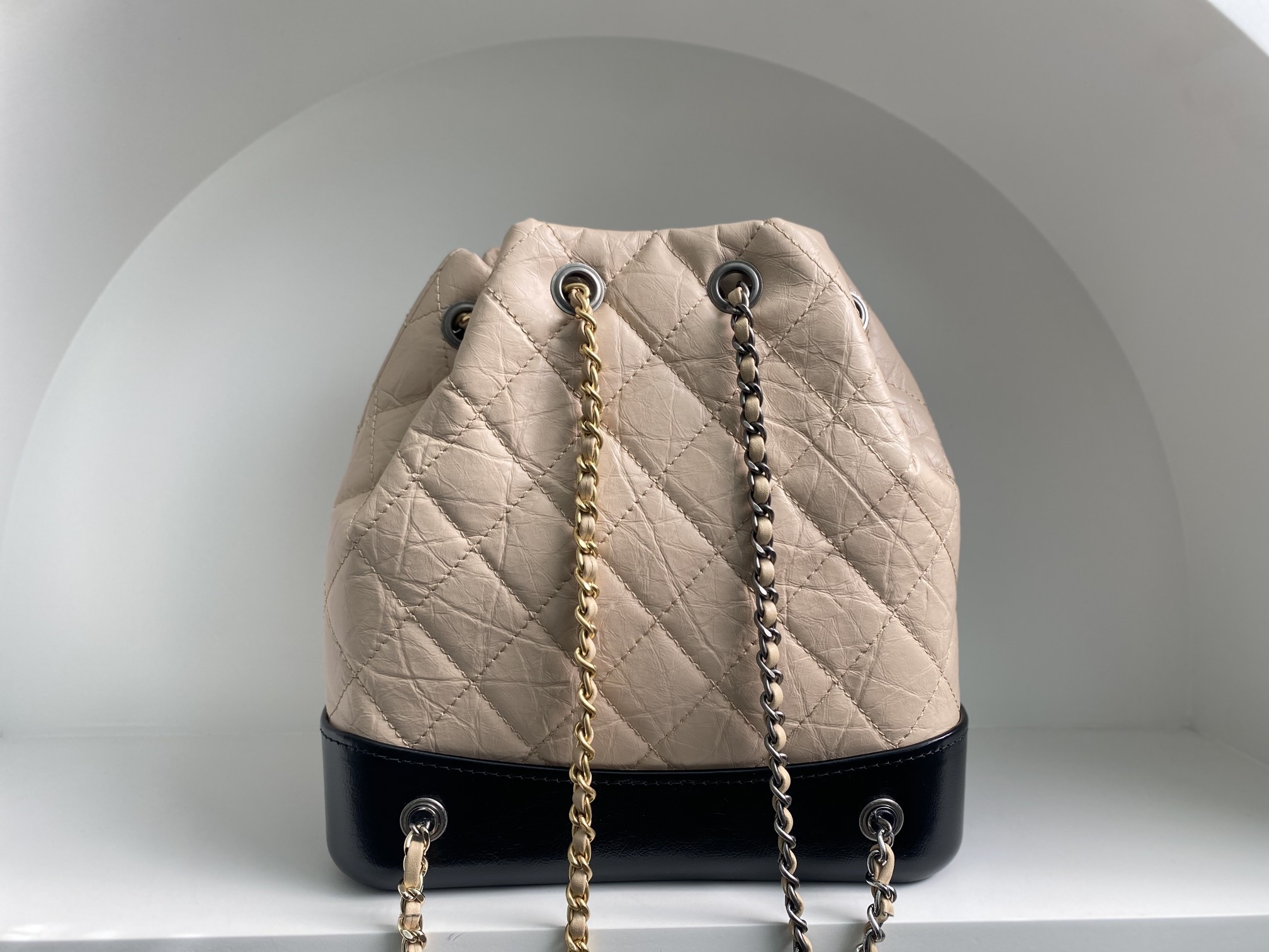 Bagsaaa Ch**el BEIGE QUILTED AGED CALFSKIN SMALL GABRIELLE BACKPACK - 26x25x11cm