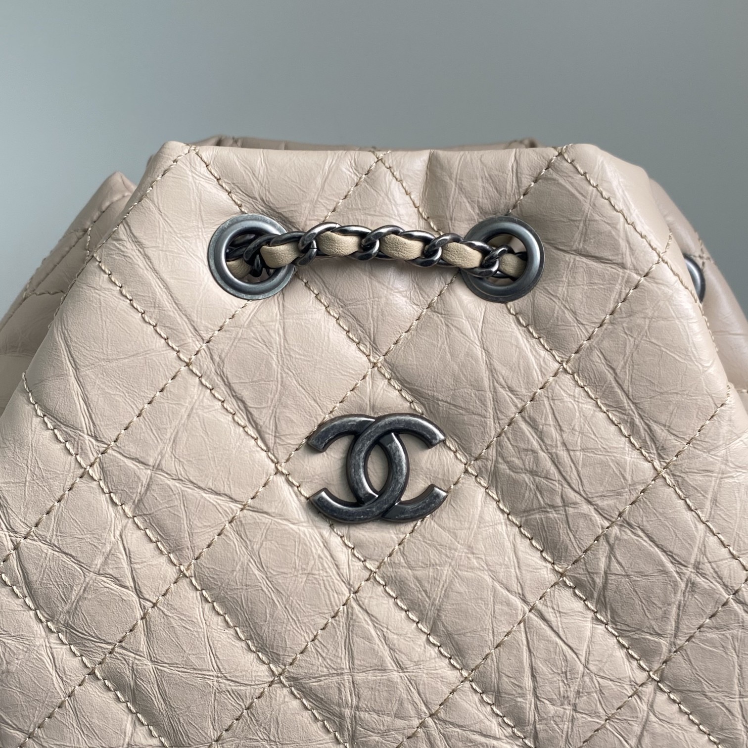 Bagsaaa Ch**el BEIGE QUILTED AGED CALFSKIN SMALL GABRIELLE BACKPACK - 26x25x11cm