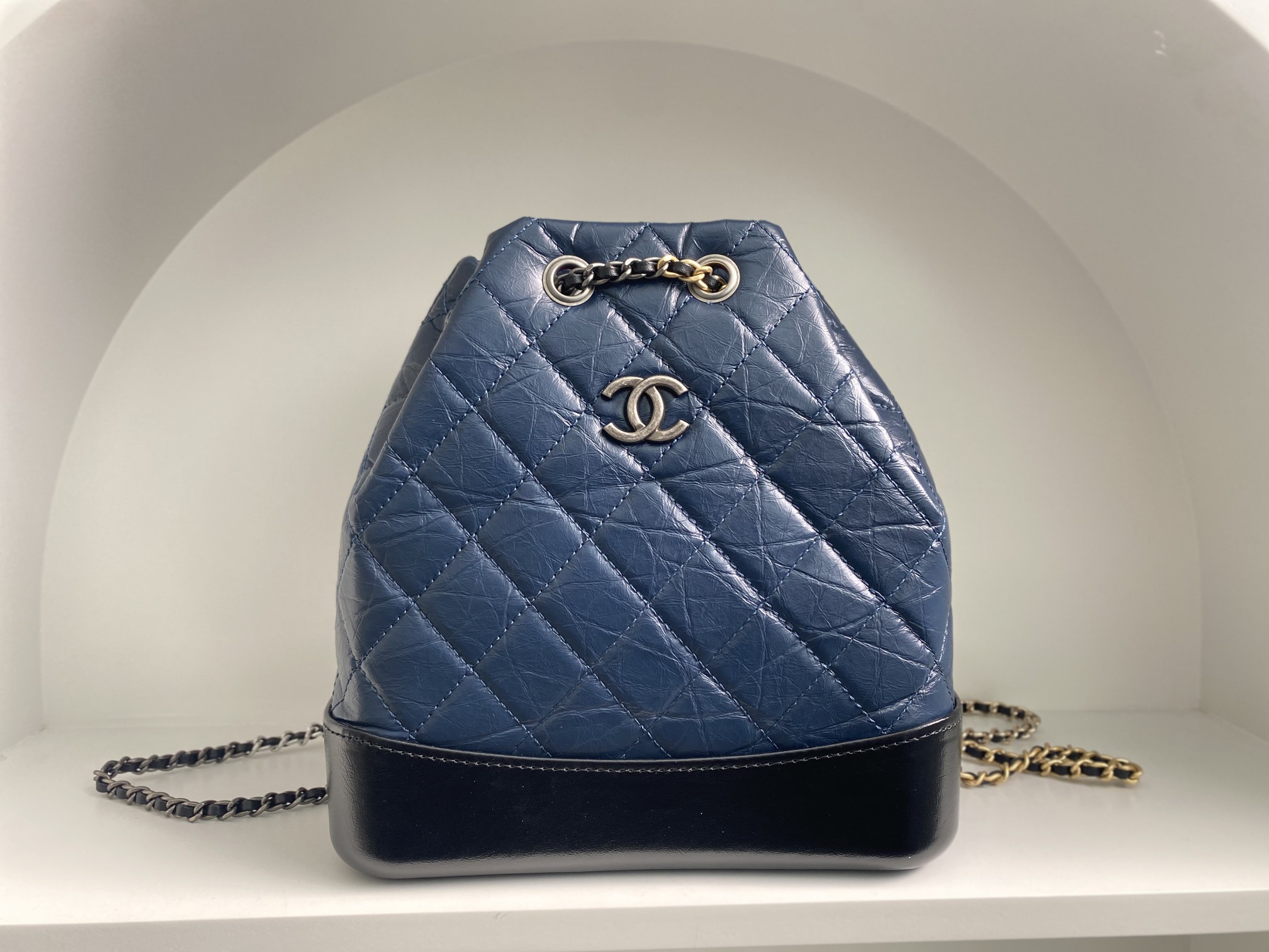 Bagsaaa Ch**el BLUE QUILTED AGED CALFSKIN SMALL GABRIELLE BACKPACK - 26x25x11cm