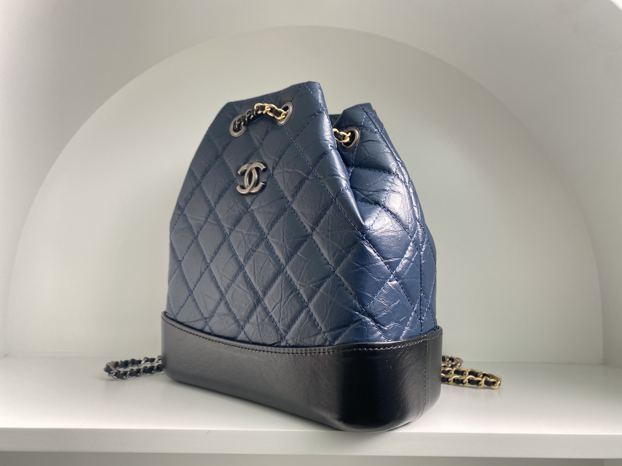 Bagsaaa Ch**el BLUE QUILTED AGED CALFSKIN SMALL GABRIELLE BACKPACK - 26x25x11cm