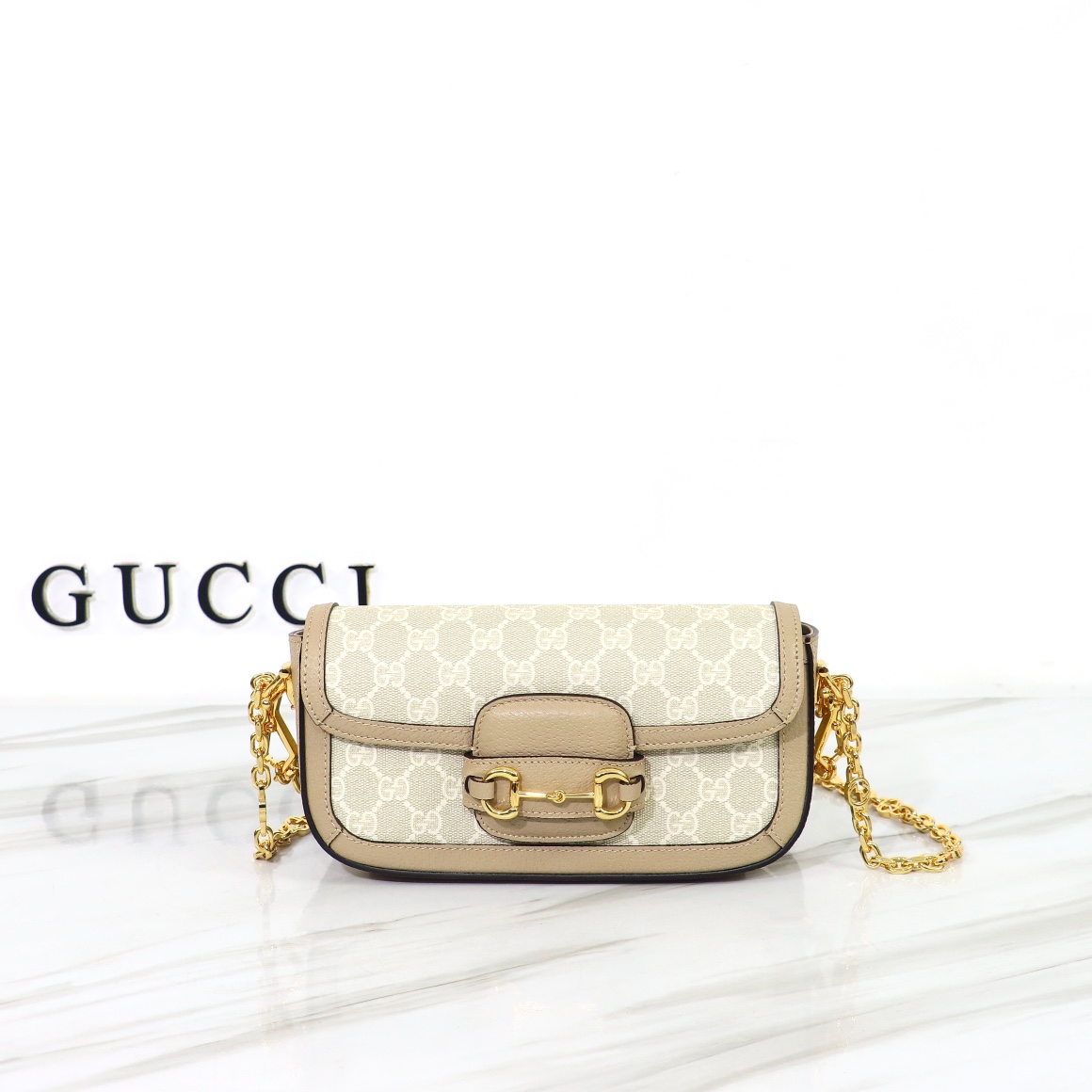 Bagsaaa Gvc*1 Horsebit 1955 Shoulder bag Beige and white GG Svp*me canvas- W24cm x H13cm x D5.5cm