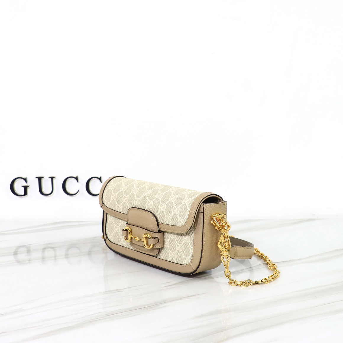 Bagsaaa Gvc*1 Horsebit 1955 Shoulder bag Beige and white GG Svp*me canvas- W24cm x H13cm x D5.5cm