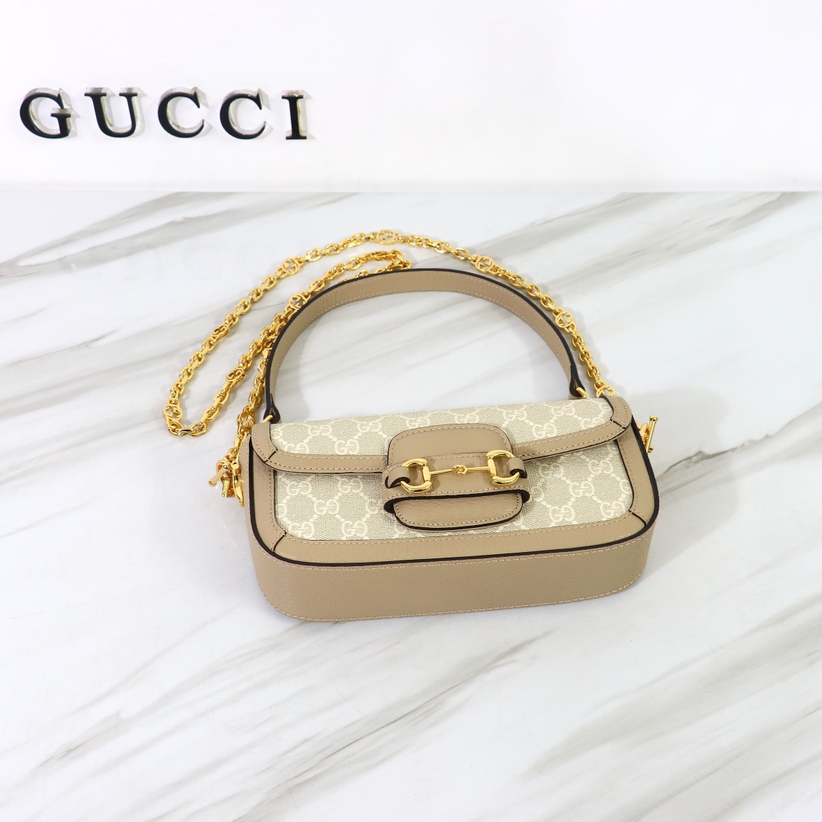 Bagsaaa Gvc*1 Horsebit 1955 Shoulder bag Beige and white GG Svp*me canvas- W24cm x H13cm x D5.5cm