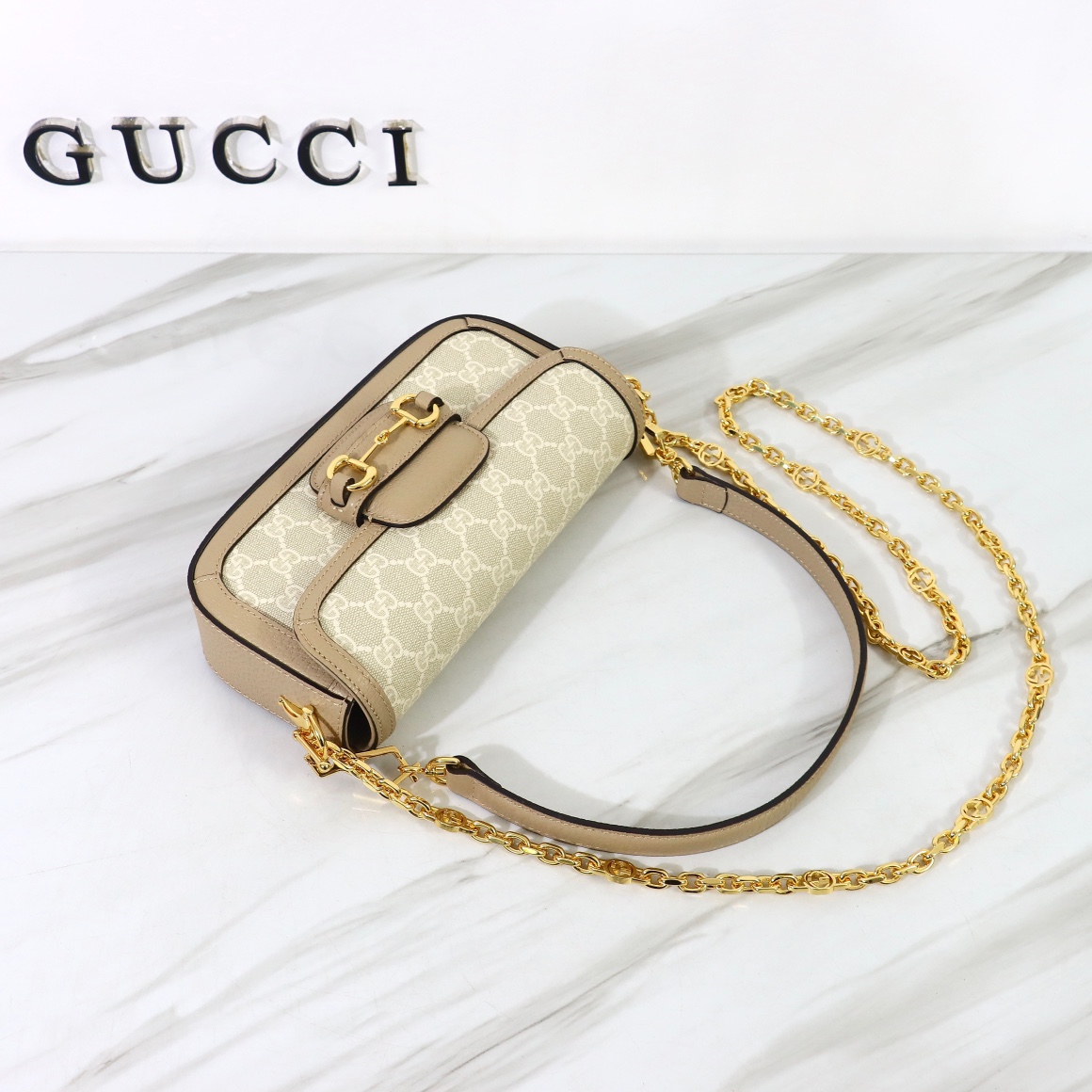 Bagsaaa Gvc*1 Horsebit 1955 Shoulder bag Beige and white GG Svp*me canvas- W24cm x H13cm x D5.5cm