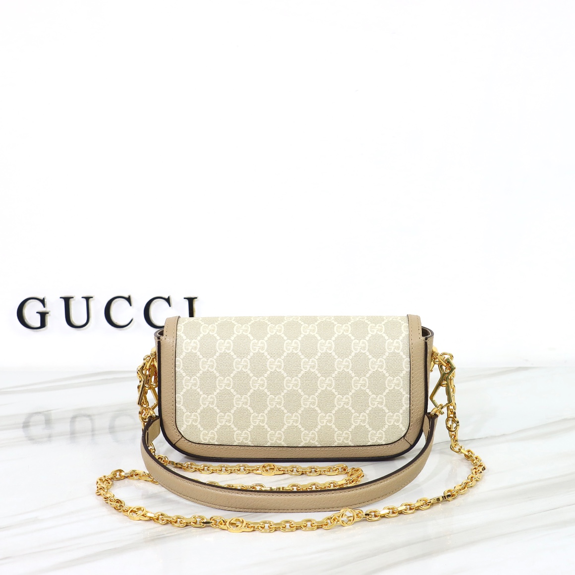 Bagsaaa Gvc*1 Horsebit 1955 Shoulder bag Beige and white GG Svp*me canvas- W24cm x H13cm x D5.5cm