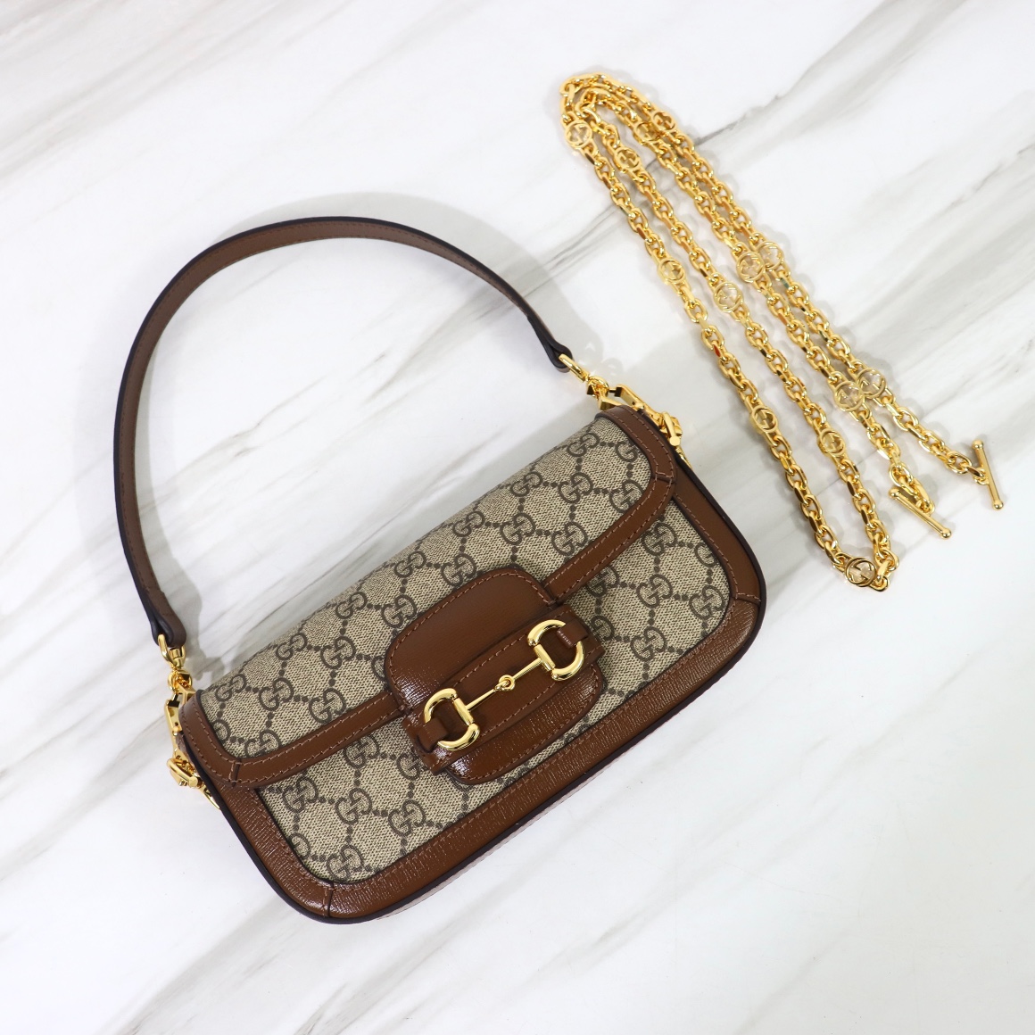 Bagsaaa Gvc*1 Horsebit 1955 Shoulder bag Beige and brown GG Svp*me canvas - W24cm x H13cm x D5.5cm