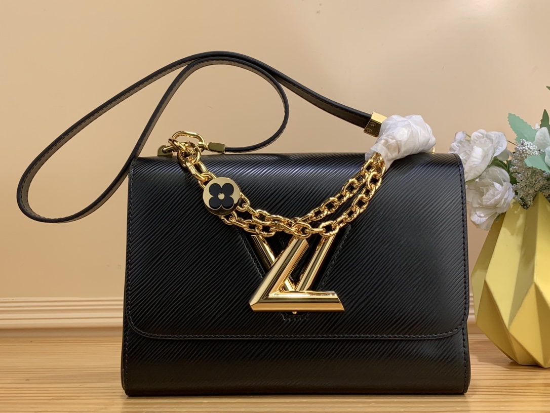 Bagsaaa L0vis Vvtt0n Twist MM in black epi wwith flower charm strap - 23 x 17 x 9.5 cm