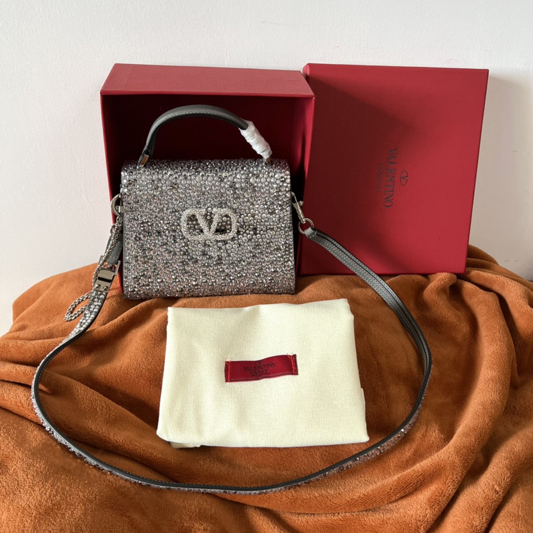 Bagsaaa Va1e*ntin0 Vsling Mini Handbag With Sparkling Embroidery Pearl Grey - W19xH13xD9 cm