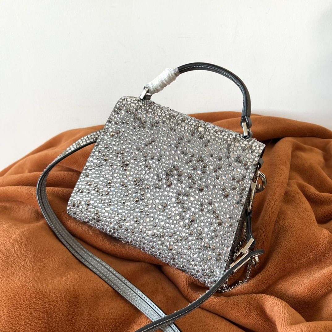 Bagsaaa Va1e*ntin0 Vsling Mini Handbag With Sparkling Embroidery Pearl Grey - W19xH13xD9 cm