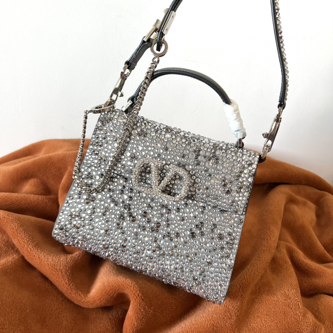 Bagsaaa Va1e*ntin0 Vsling Mini Handbag With Sparkling Embroidery Pearl Grey - W19xH13xD9 cm