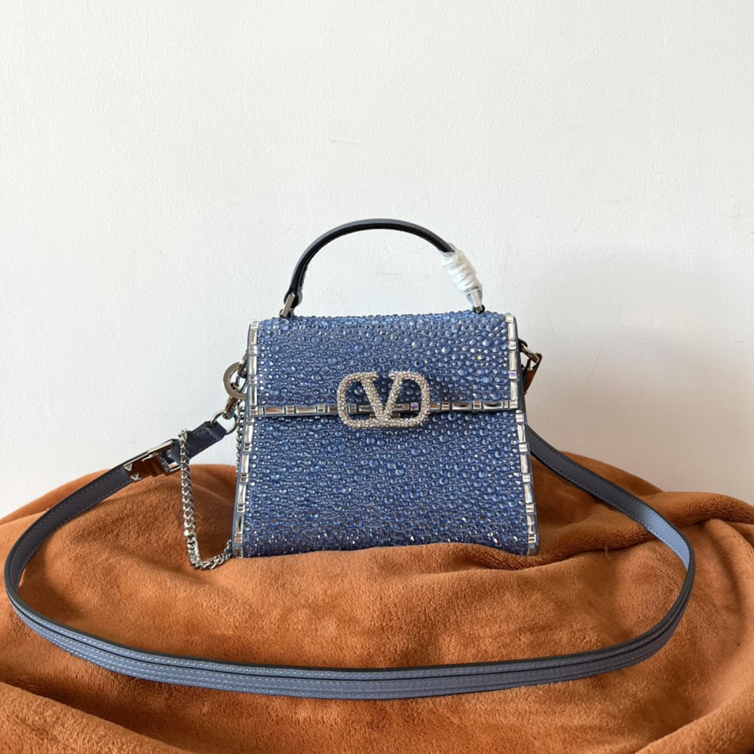 Bagsaaa Va1e*ntin0 Vsling Mini Handbag With Sparkling Embroidery Blue - W19xH13xD9 cm