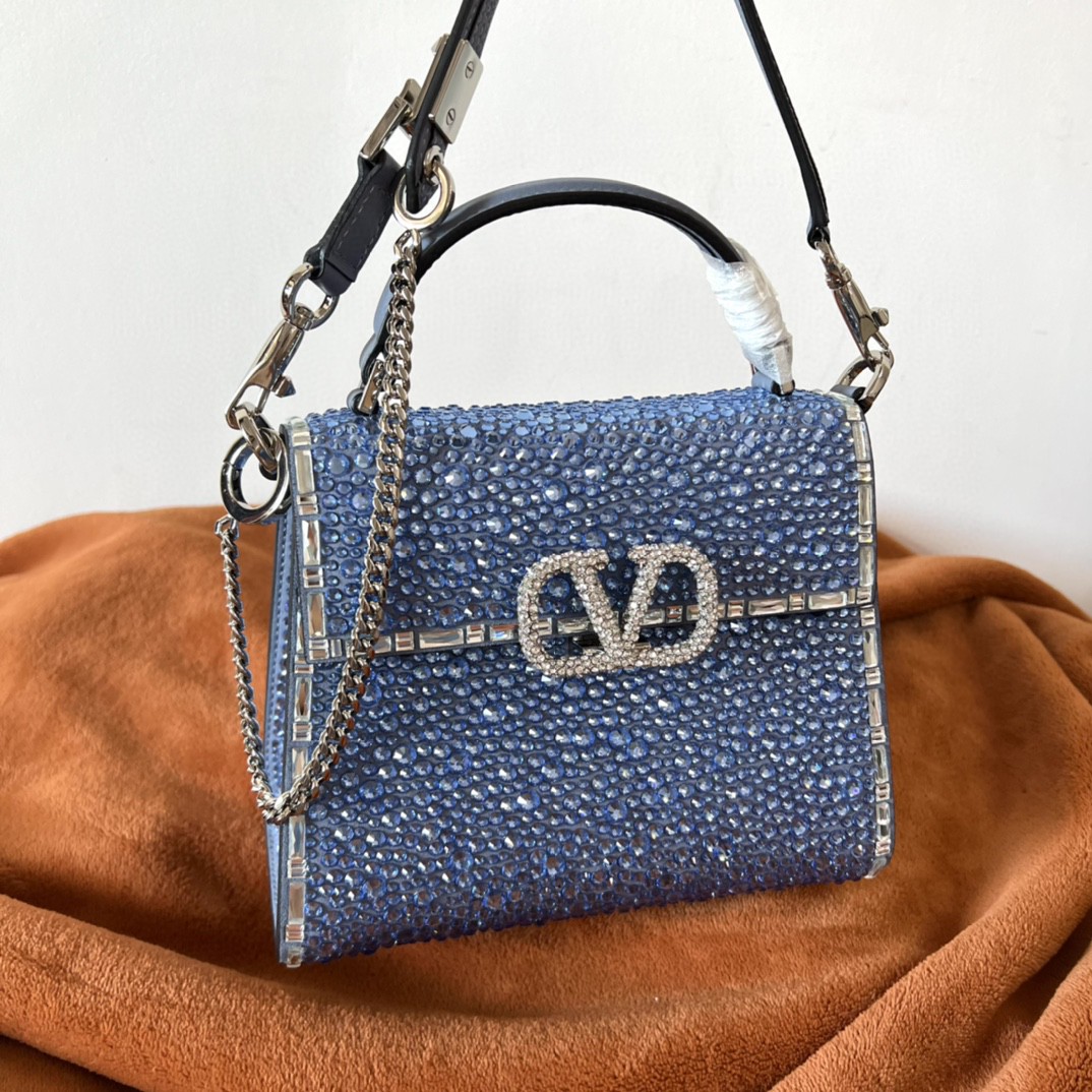 Bagsaaa Va1e*ntin0 Vsling Mini Handbag With Sparkling Embroidery Blue - W19xH13xD9 cm
