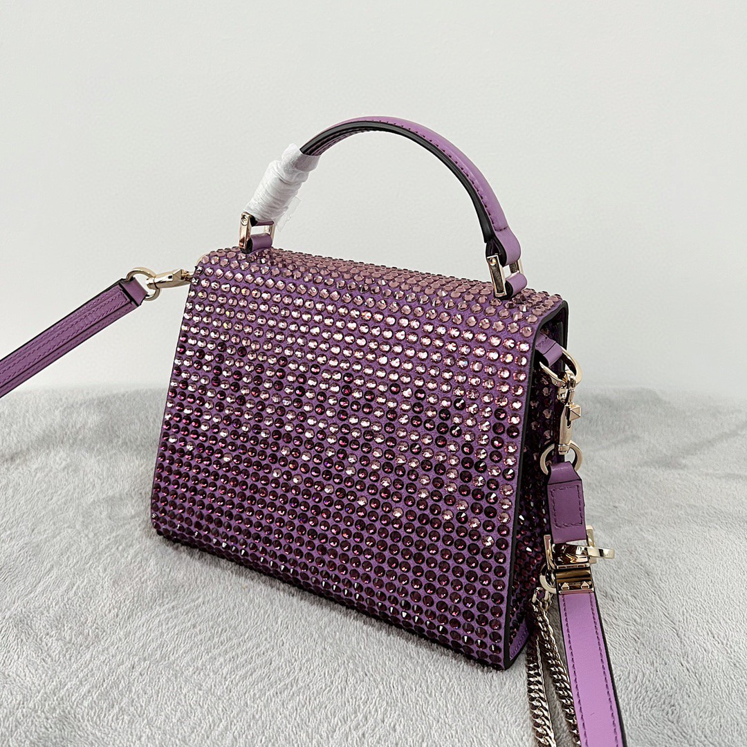 Bagsaaa Va1e*ntin0 Vsling Mini Handbag With RHINESTONES AMETHYST - W19xH13xD9 cm