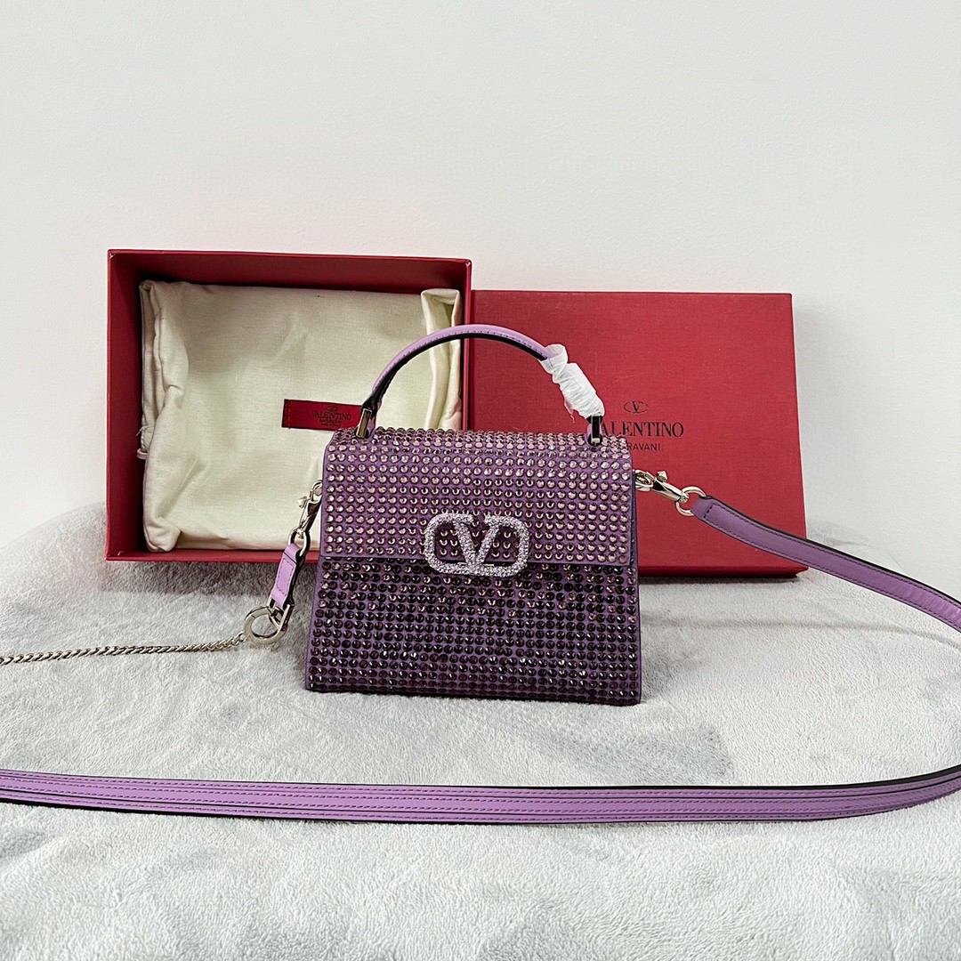 Bagsaaa Va1e*ntin0 Vsling Mini Handbag With RHINESTONES AMETHYST - W19xH13xD9 cm