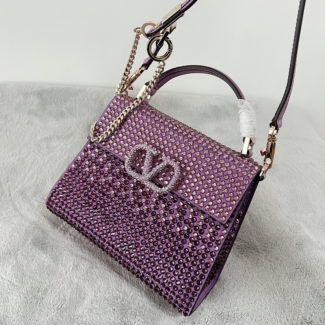 Bagsaaa Va1e*ntin0 Vsling Mini Handbag With RHINESTONES AMETHYST - W19xH13xD9 cm