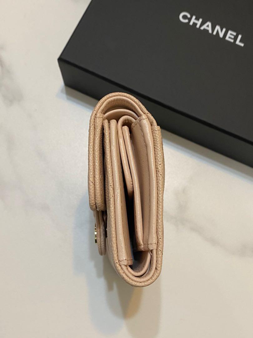 Bagsaaa Ch**el Calfskin Leather Plain Folding Beige Wallets with Gold Hardware - 11.5x10.5x3cm