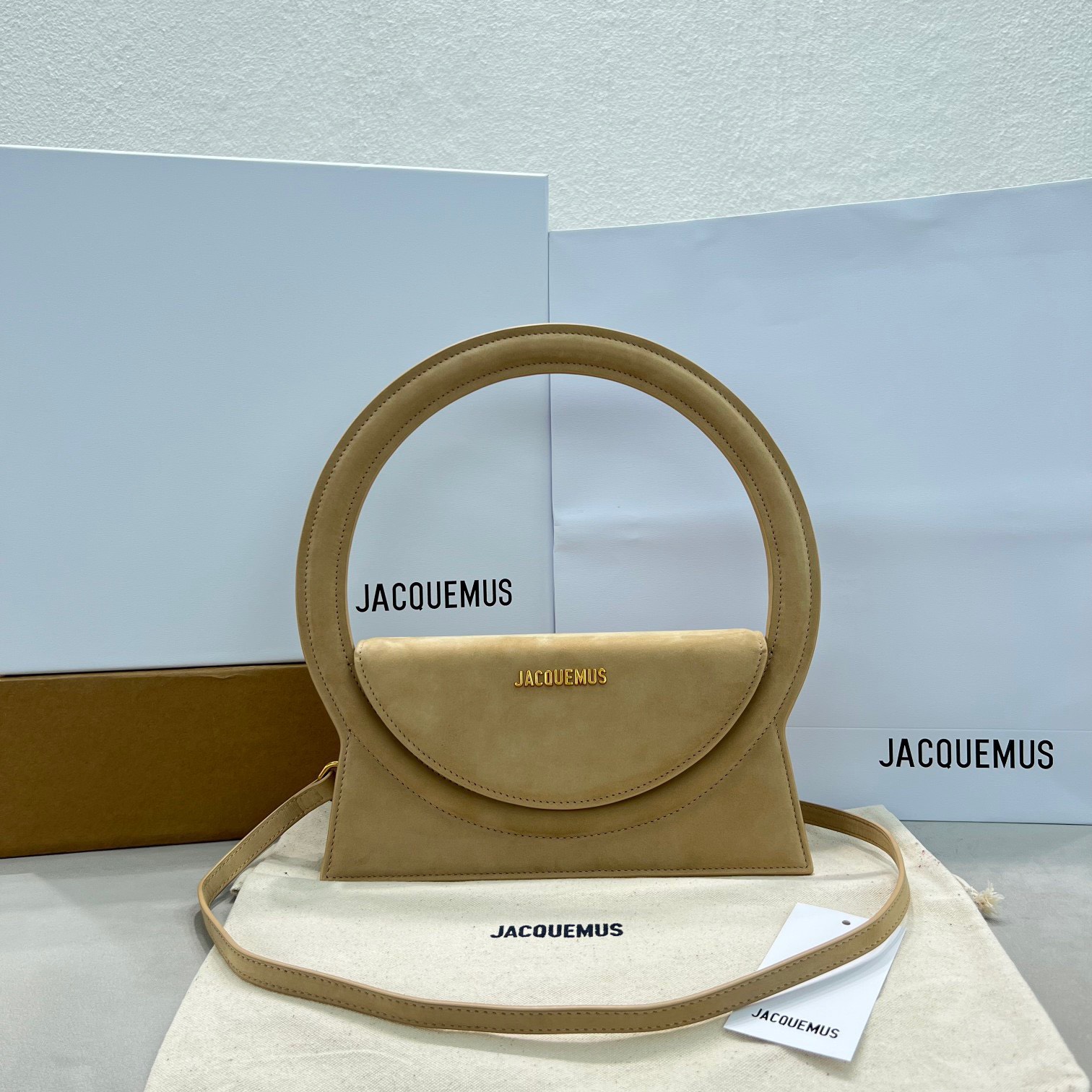 Bagsaaa Jacquemus Le Sac Rond Cirlce Velvet Beige Bag - 26 x 12.5 cm