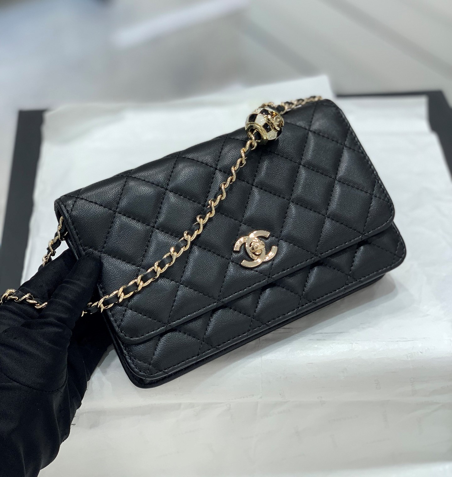 Bagsaaa Ch**el WOC Lambskin Leather With Ball Charm Strap Black - 19-3.5-12cm