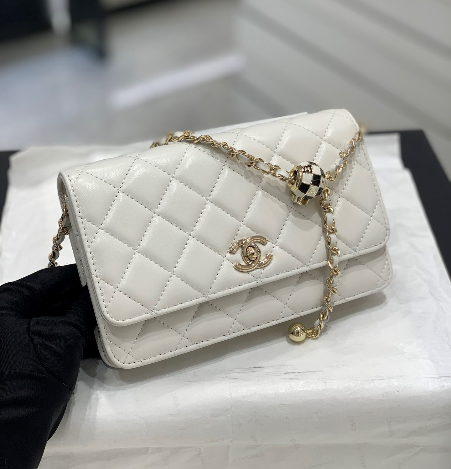 Bagsaaa Ch**el WOC Lambskin Leather With Ball Charm Strap White - 19-3.5-12cm