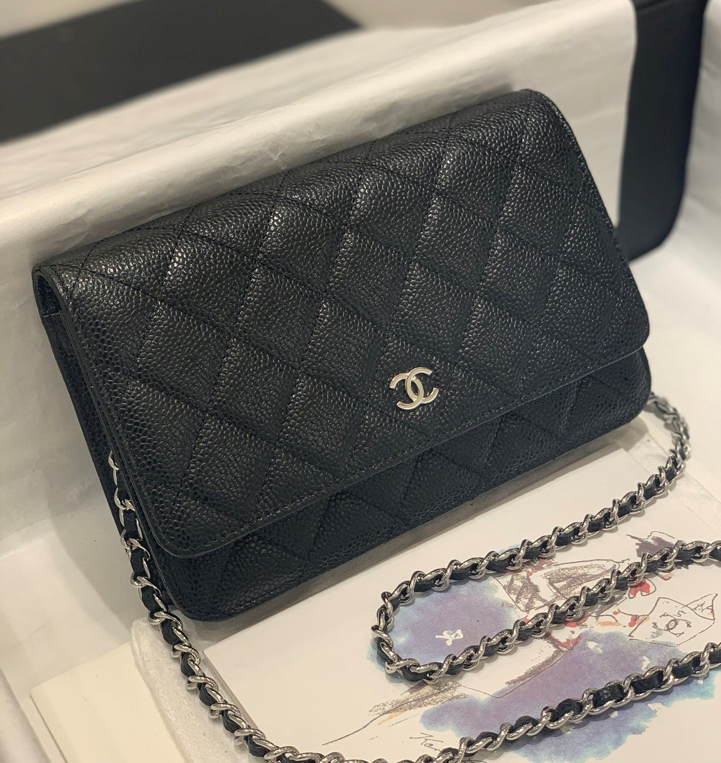 Bagsaaa Ch**el WOC Caviar Leather Black With Silver Hardware - 19-3.5-12cm