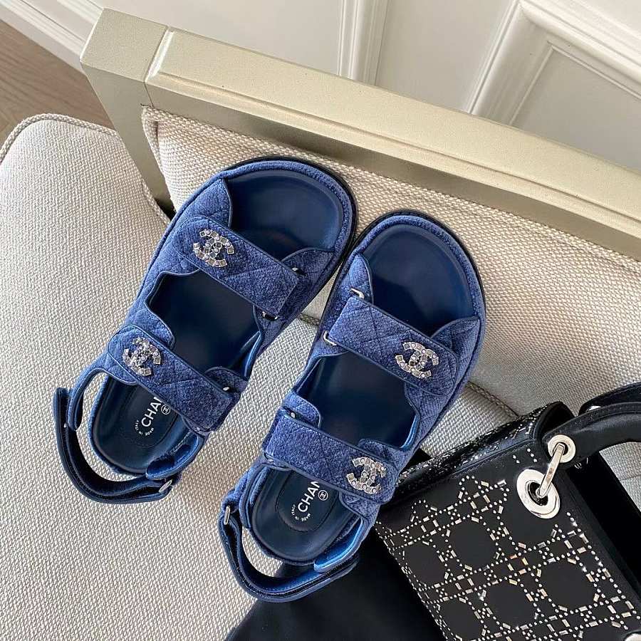 Bagsaaa Ch**el Denim Sandals With Crystal Logo 