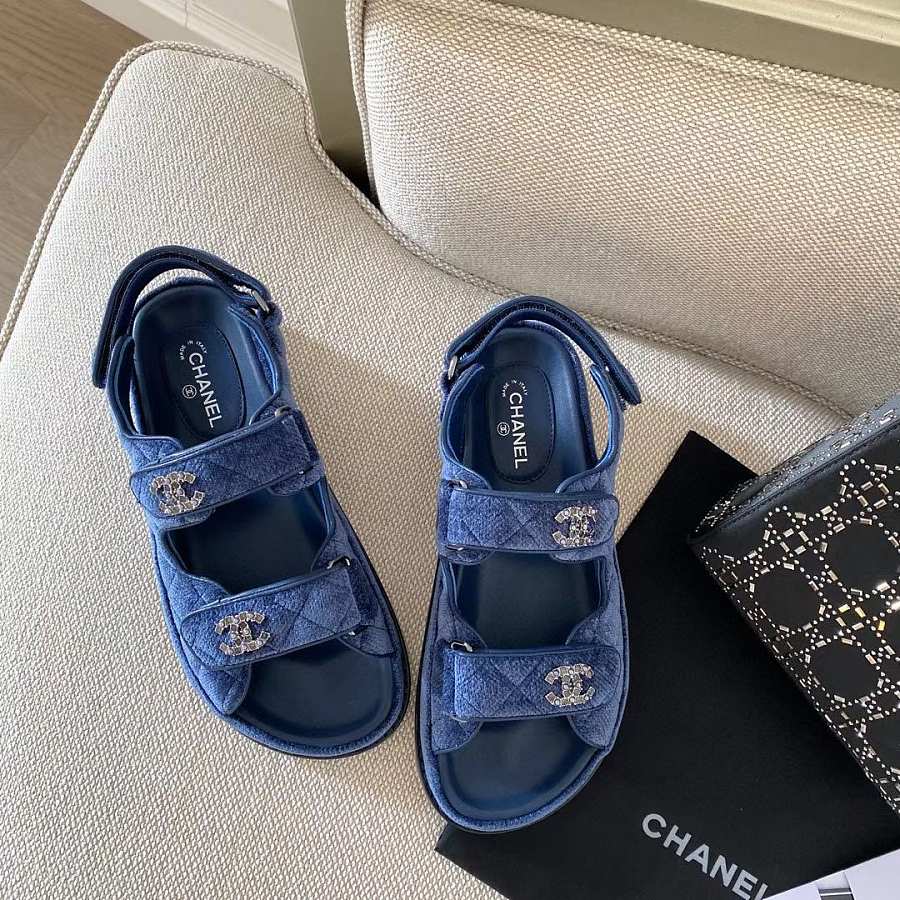 Bagsaaa Ch**el Denim Sandals With Crystal Logo