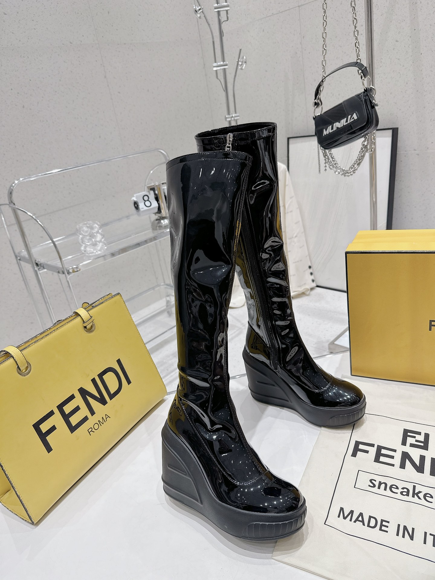 Bagsaaa F**di Patent Leather Long Black Boot