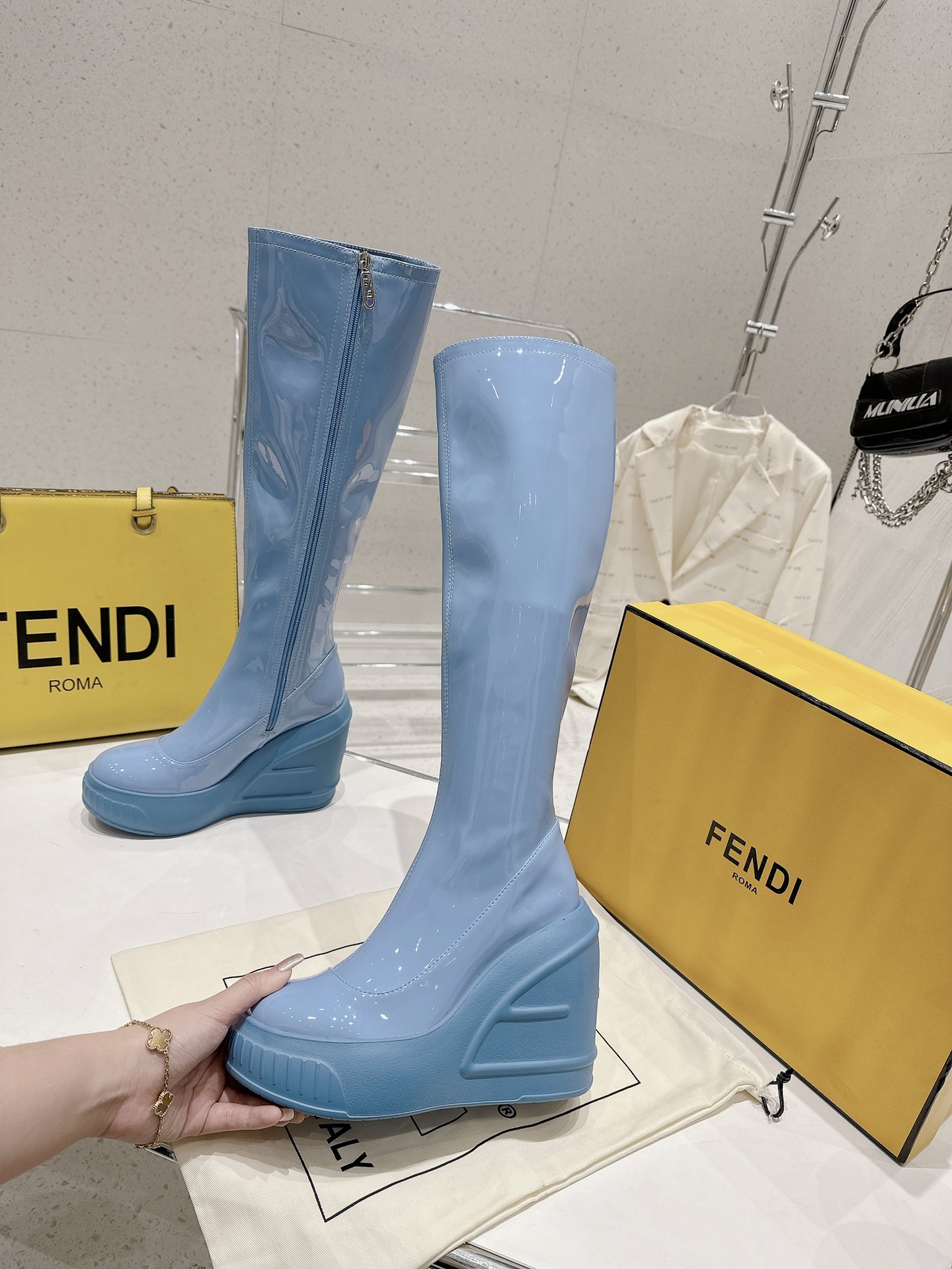 Bagsaaa F**di Patent Leather Long Blue Boot