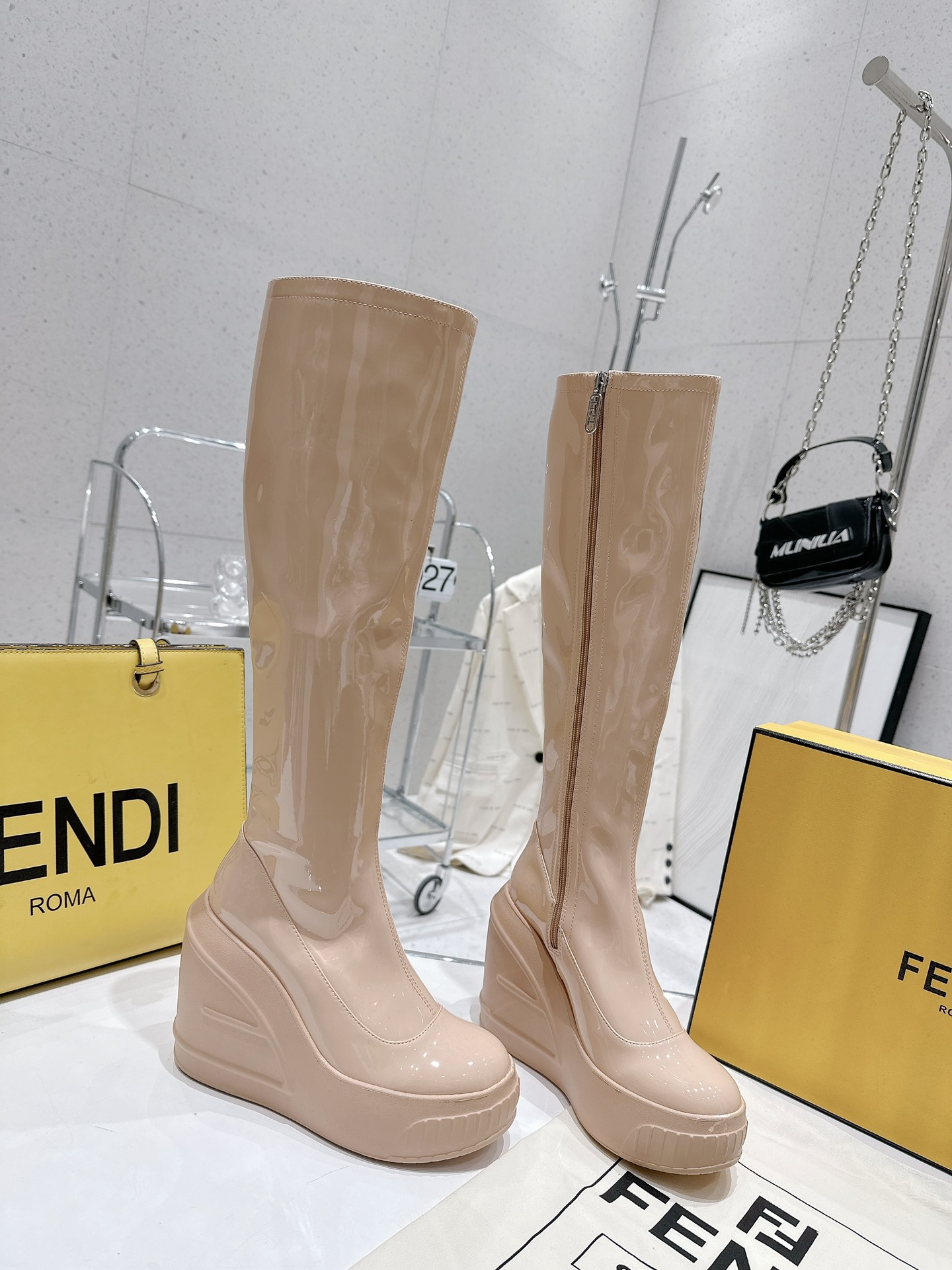 Bagsaaa F**di Patent Leather Long Nude Boot